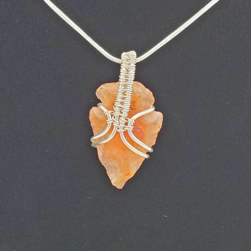 Handmade silver wrapped carnelian arrowhead with 925 silver necklace